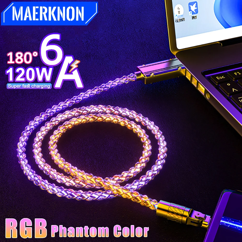

120W 6A USB C Cable Super Fast Charge Glowing LED Micro USB Cord For Xiaomi Samsung Huawei 180 Degree Rotation Phone USB C Cable
