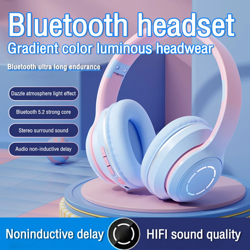 

Bluetooth-наушники 5.2, Беспроводная музыкальная гарнитура с градиентным цветом, телефон с микрофоном, наушники для геймеров, милые рождественские подарки для детей