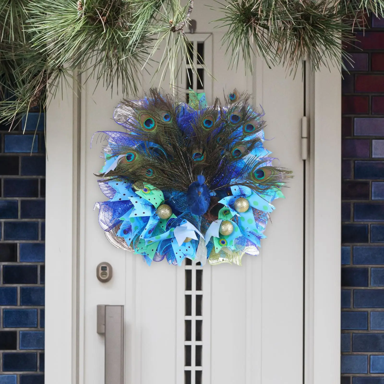 

Artificial Peacock Feathers Wreath Spring Wreath Decorative Wreath Faux Feather Garland for Easter Window Outside Party Wedding