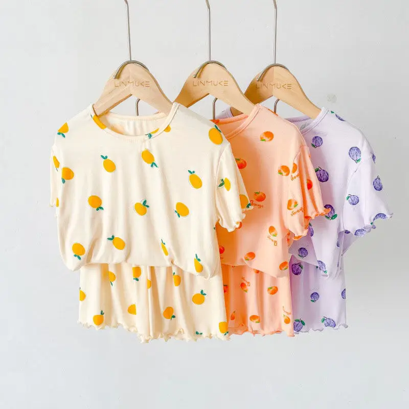 

2023 Summer Thin Style Modal Cotton Children's Pajamas Girls Short Sleeve Shorts Home Clothing Cartoon Print Set Kids Pajamas