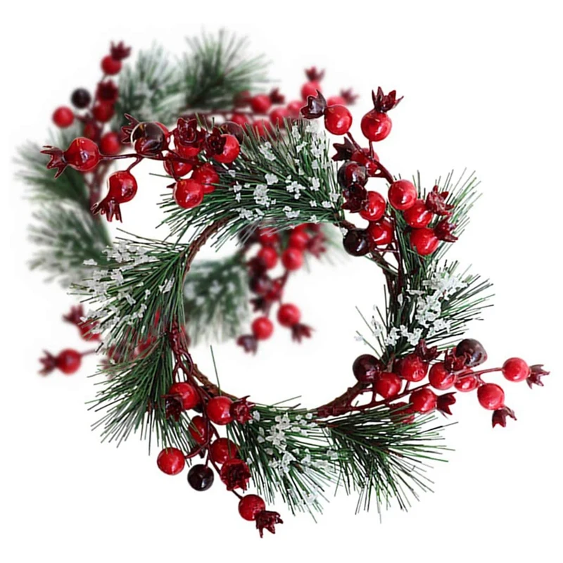 

2 PCS Red Berry Pine Wreath Artificial Berries Snowy Pine Needles Candle Wreaths Ring Garland For Christmas Decor