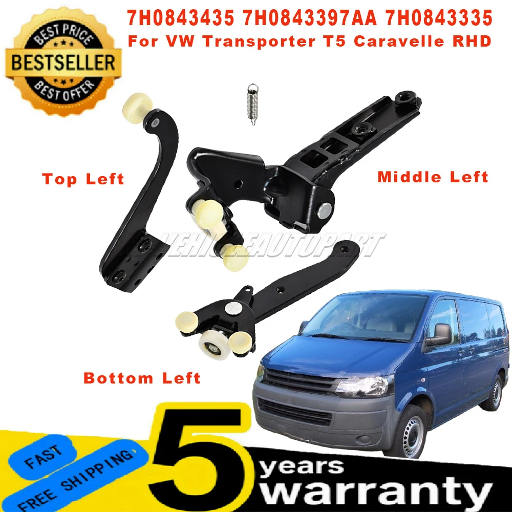 

7H0843435 Для VW T5 Transporter 2003-2015 RHD, 1 комплект, новые ролики для левой сдвижной двери, верхние, средние, нижние направляющие петли, автоаксессуары