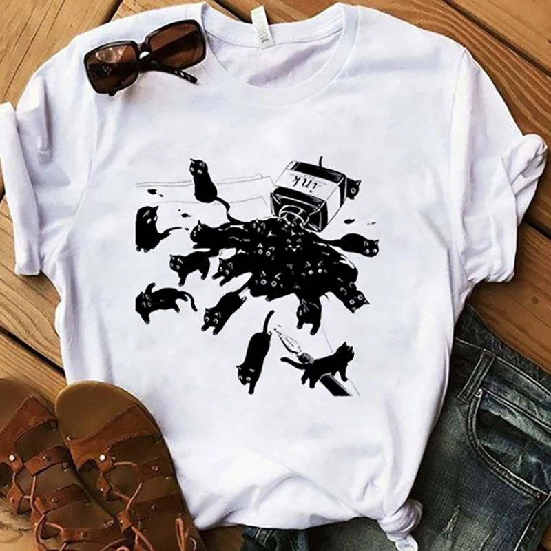 

Cute Black Cat and Ink T-shirt Unisex Funny Women Graphic Grunge Fashion 100% Cotton Aesthetic Tee Top Tshirt Fit Drop Shipping