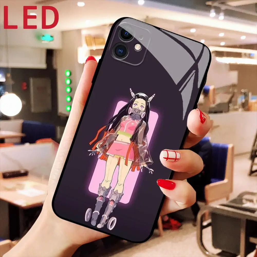 

Demon Slayer Luxury Luminous Glass phone case For Apple iphone 14 13 12 11 Pro Max X XS XR mini 7 8 Plus RGB LED Backlight cover