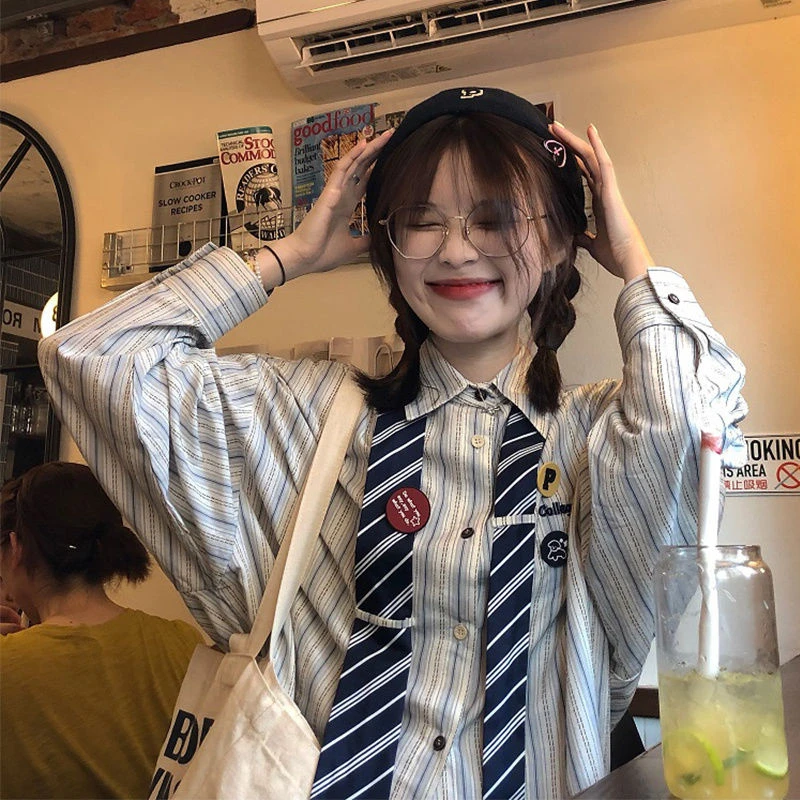 

Striped Shirt Female Autumn New Long Sleeve Preppy Style Loose Vintage Versatile Shirt Student Sweet Cute Tie Shirt Women Tops