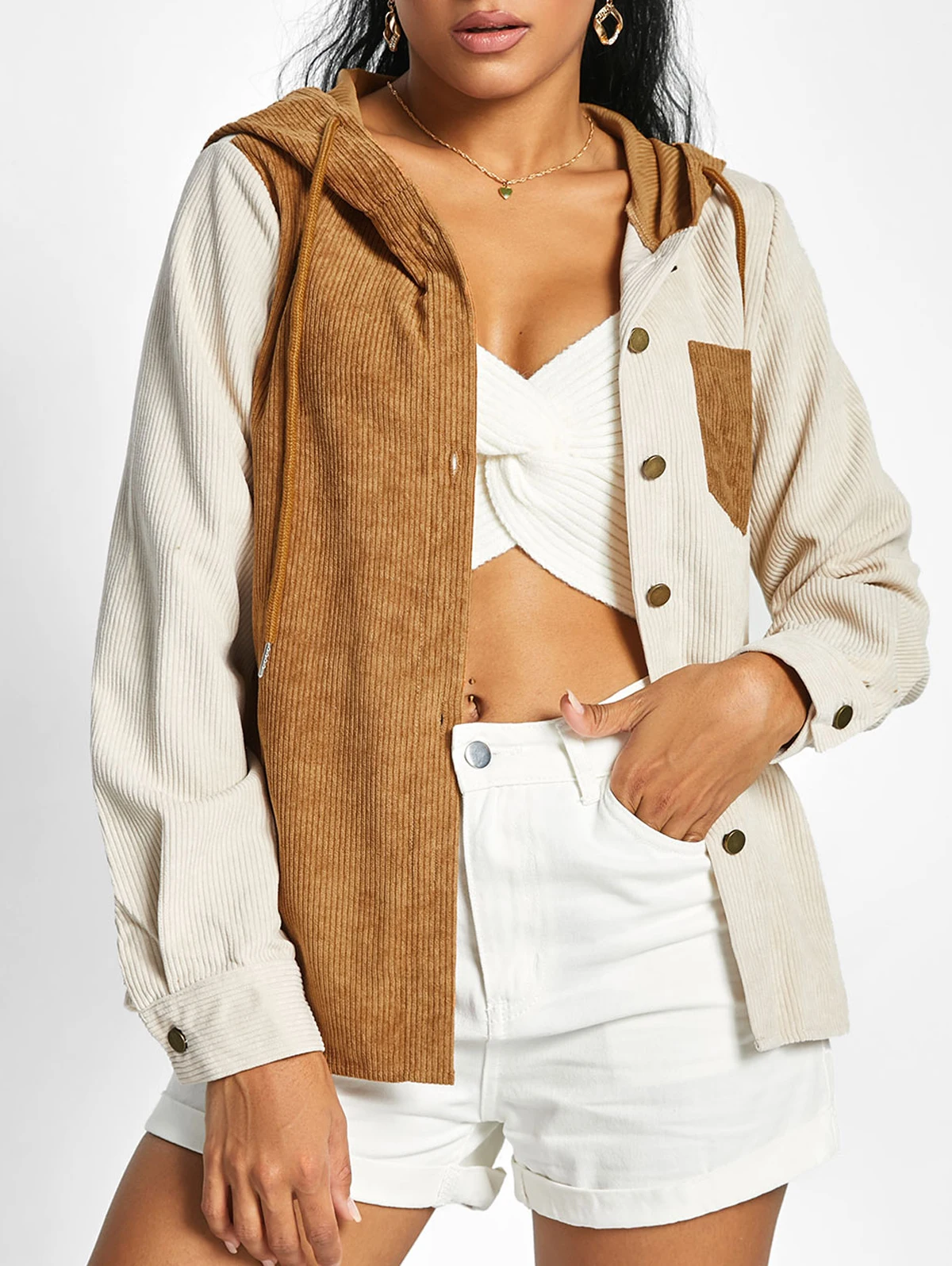 

Женская Вельветовая рубашка с капюшоном и передним карманом