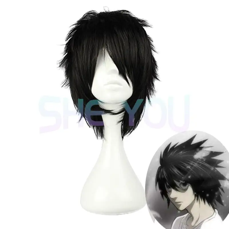 Anime Death Note L Cos Wig Mens L.Lawliet Short Black Heat Resistant Synthetic Fluffy Hair Pelucas Cosplay Wigs + Wig Cap
