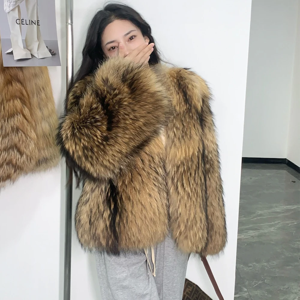 

New Winter Women Real Fur Coat Natural Raccoon Fur Jacket Fashion Luxury Whole Skin Full Pelt Coats V-Neck Thick Warm Overcoat