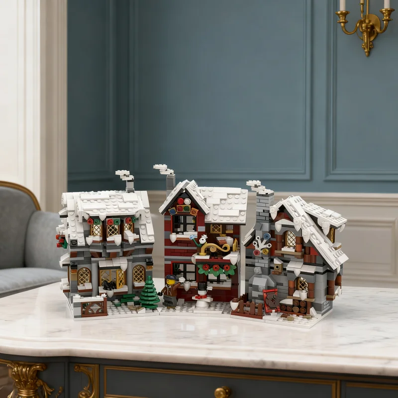 Фото 1518 деталей MOC «Сезонные рождественские сценки: Три маленьких зимних домика». Коллекция строительных блоков для самостоятельной сборки 3D. №1
