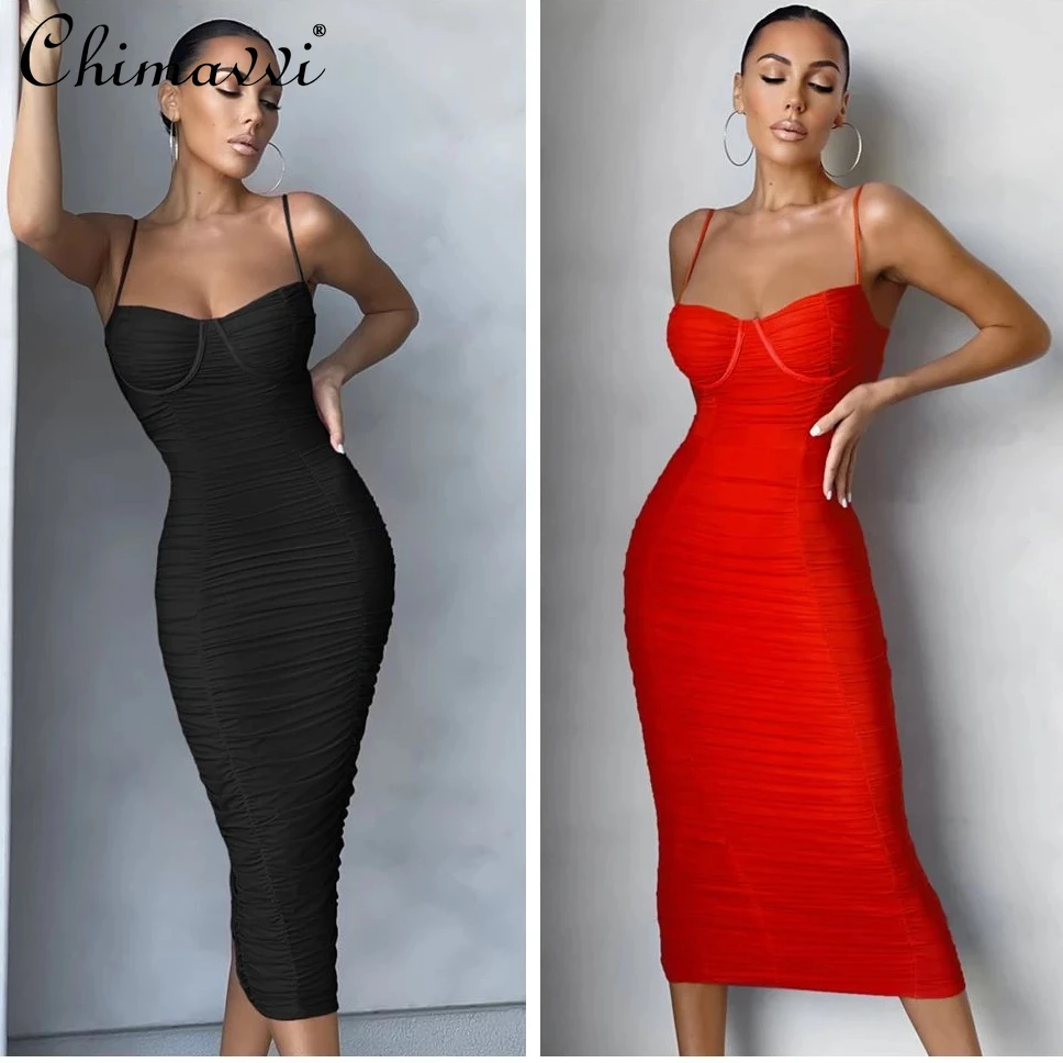 Summer 2022 New Sexy High Waist Slim-Fit Suspender Dress for Ladies Mesh Skinny Pleated Bandage One-Piece Dress Women's