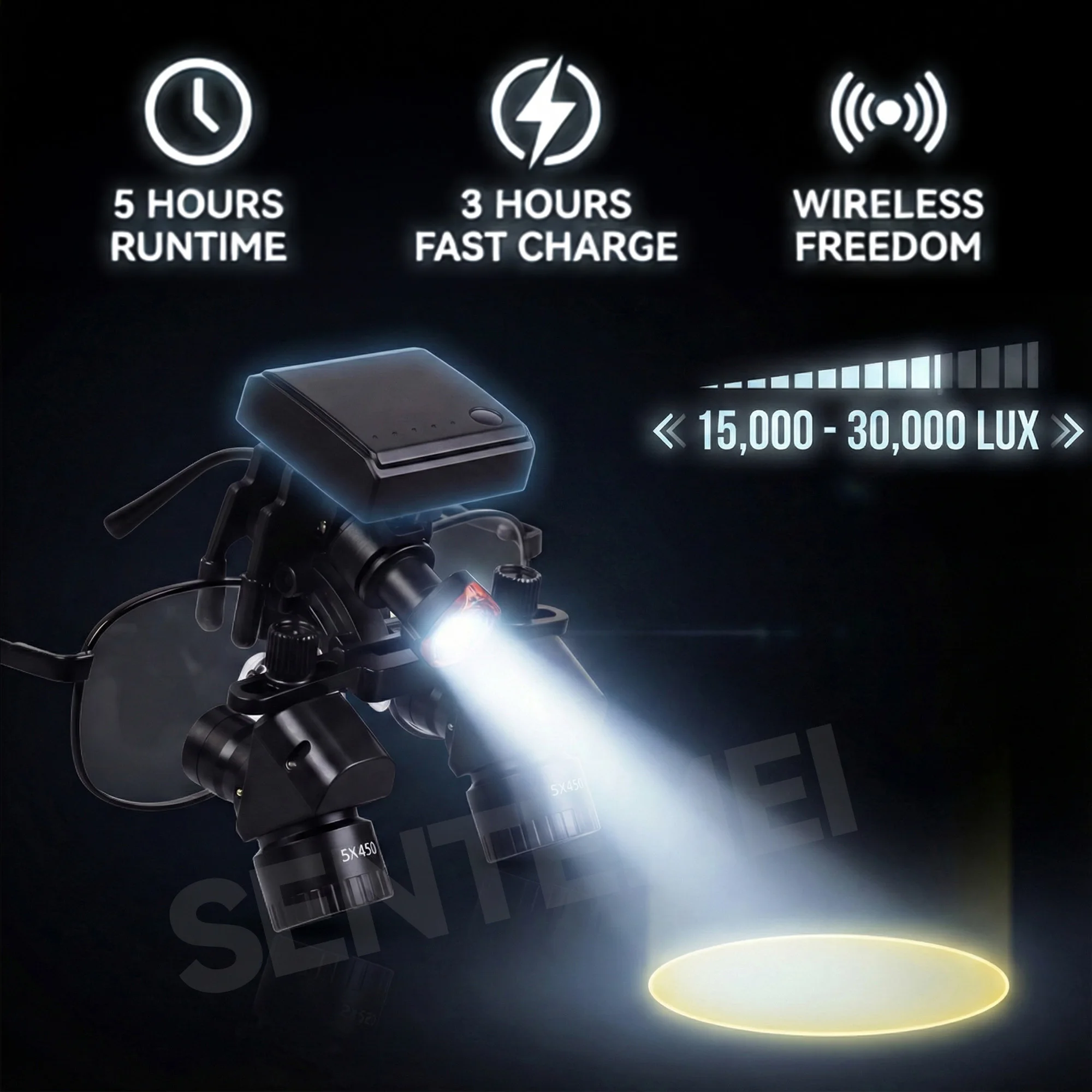 Фото Беспроводные стоматологические лупы с LED-подсветкой 4X-6X TTL призматические, эргономичные бинокулярные с регулируемой оправой для стоматологической хирургии и реставрации №4