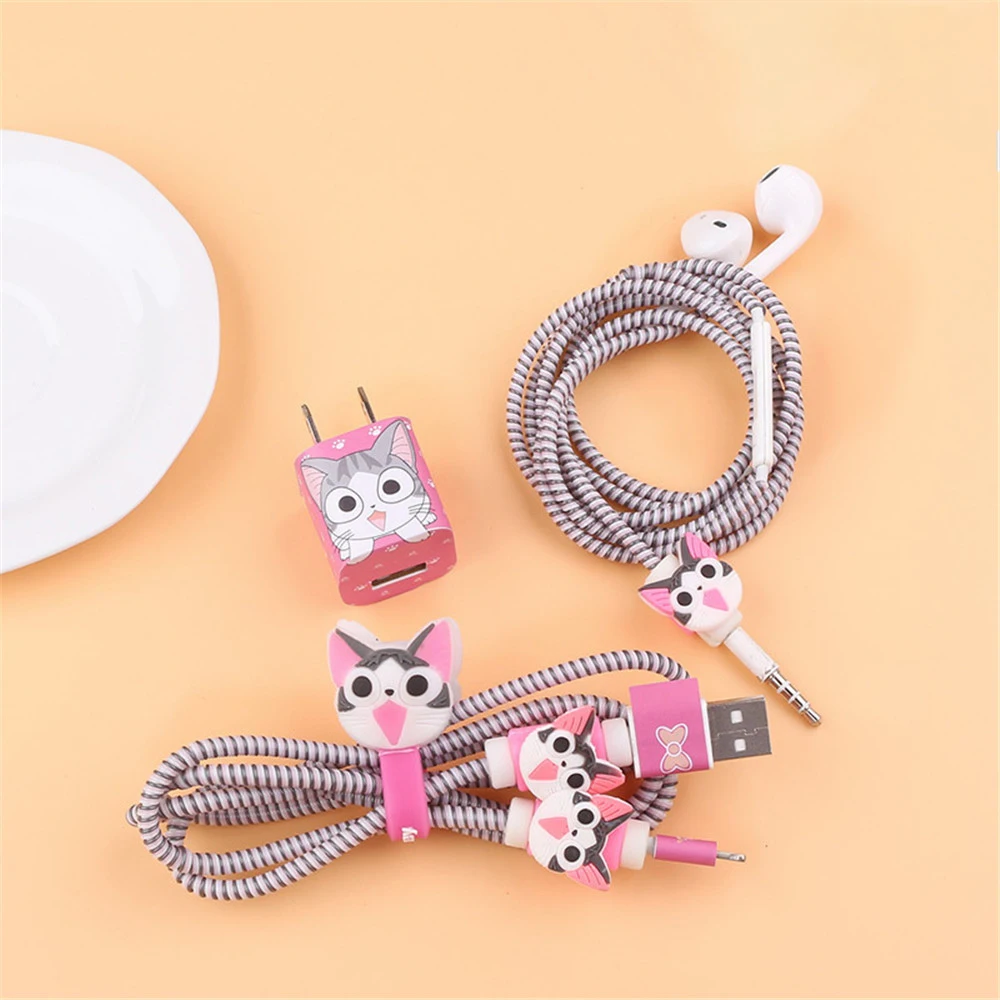 5pcsset mobile phone earphone cute data cable protector set cable protective cover for iphone 78x charger sticker earphone free global shipping