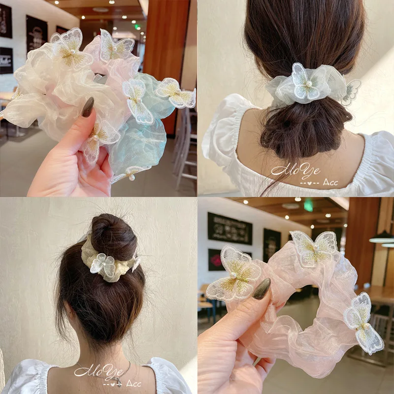 

Drop Shipping Vividly Embroidery Butterfly Mesh Scrunchies Women Romantic Pink Hair Rope Transparent Tulle Hair Ties Ornaments