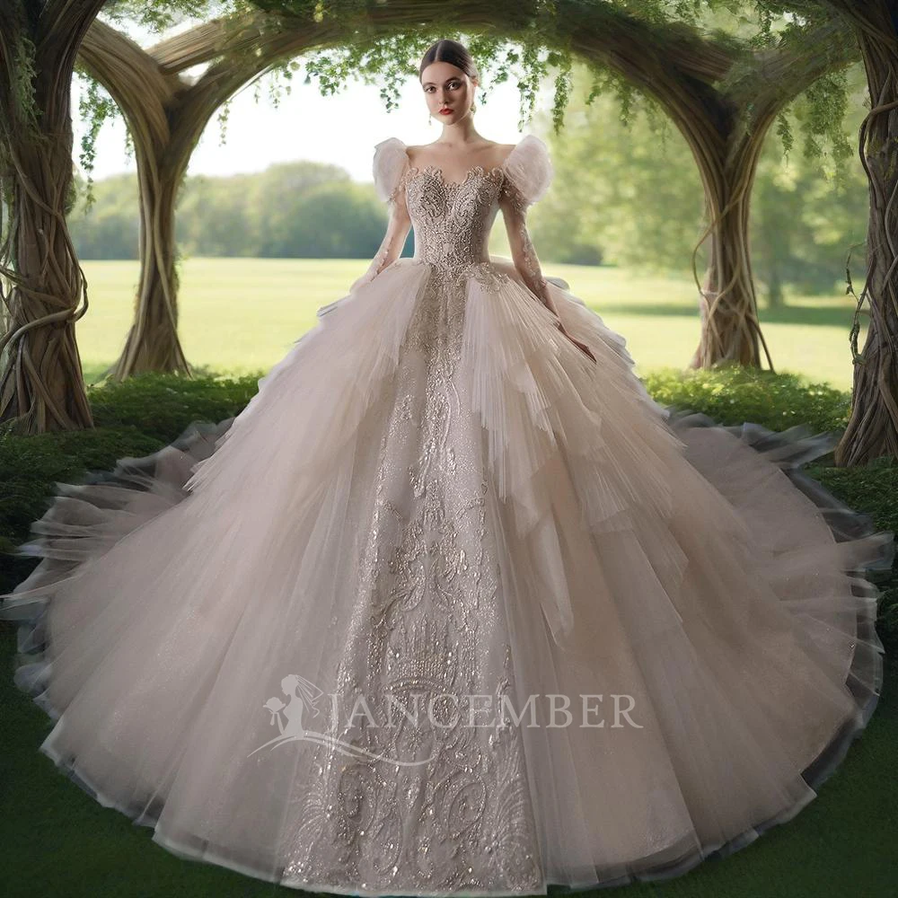 Фото Jancember International Surprise Price Свадебные платья из органзы с длинными рукавами Иллюзия Вышивка Бисероплетение Платье de noiva №1