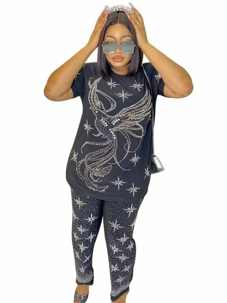 

Африканская одежда для женщин, комплект из 2 предметов, футболка, топы и брюки, летние костюмы, новые бриллиантовые Дашики, Повседневная афри...