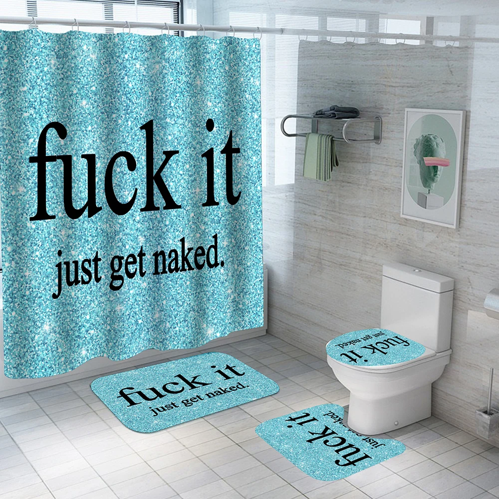 

English Letters Print Shower Curtain Waterproof Polyester Bathroom Curtain Anti-slip Bath Mat Set Toilet Rugs Carpet Home Decor