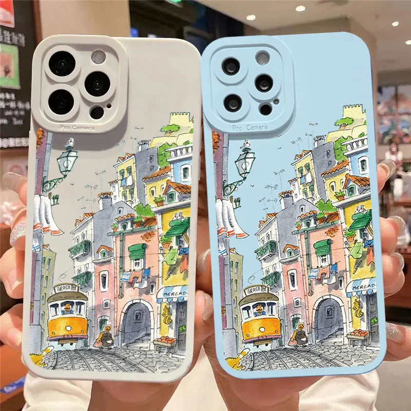 

Cartoon Colourful Anime Hand Painted House Scenery Phone Case For iPhone 14 13 12 11 Pro Max X XR XS 7 8 Plus SE 2020 Soft Cover