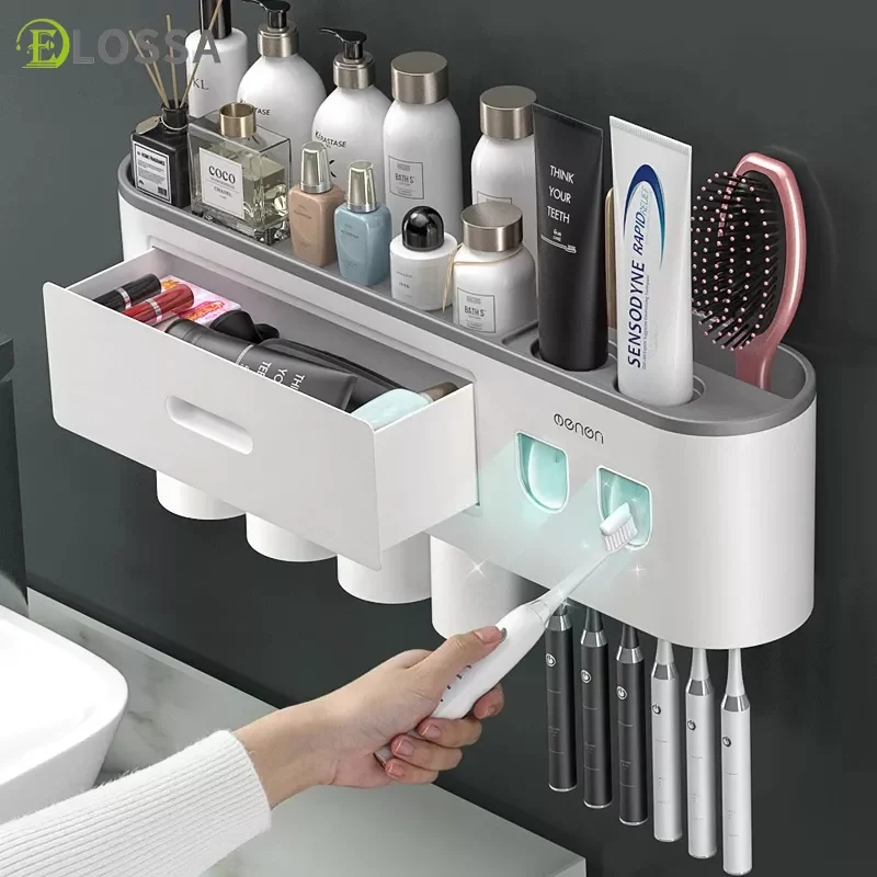 

NEW2023 ELOSSA Toothbrush Holder Double Automatic Toothpaste Squeezer Dispenser Storage Rack Bathroom Shelf Accessories Set