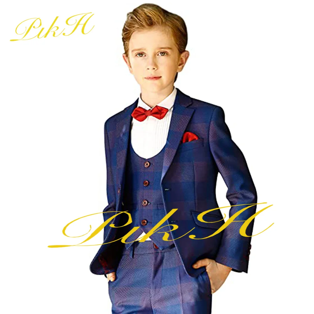 Boys Suit Wedding Tuxedo Check Jacket Pants Vest Kids Formal Dress Child Blazer Set Custom 3-16 Years Old Outfit