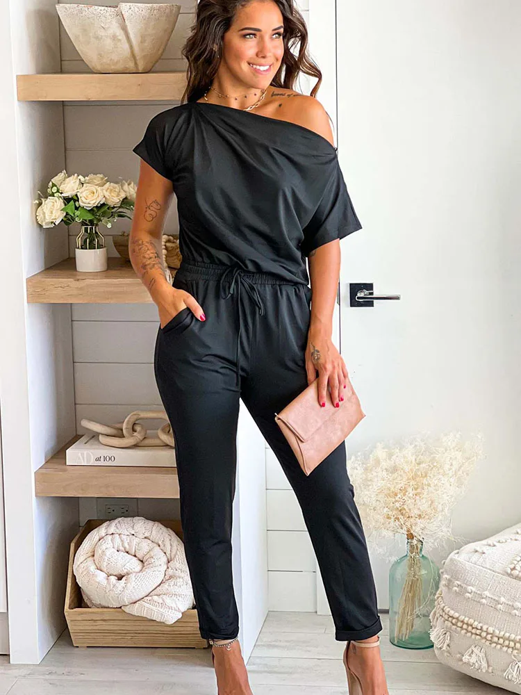 

Женский Повседневный Спортивный костюм, элегантный черный пуловер с коротким рукавом и брюки-карандаш, комплект из 2 предметов, женская оде...