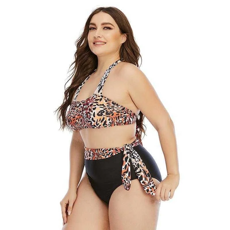 

Alibaba Large Size Fat Woman Split Bikini Leopard Print Halter Swimsuit Women