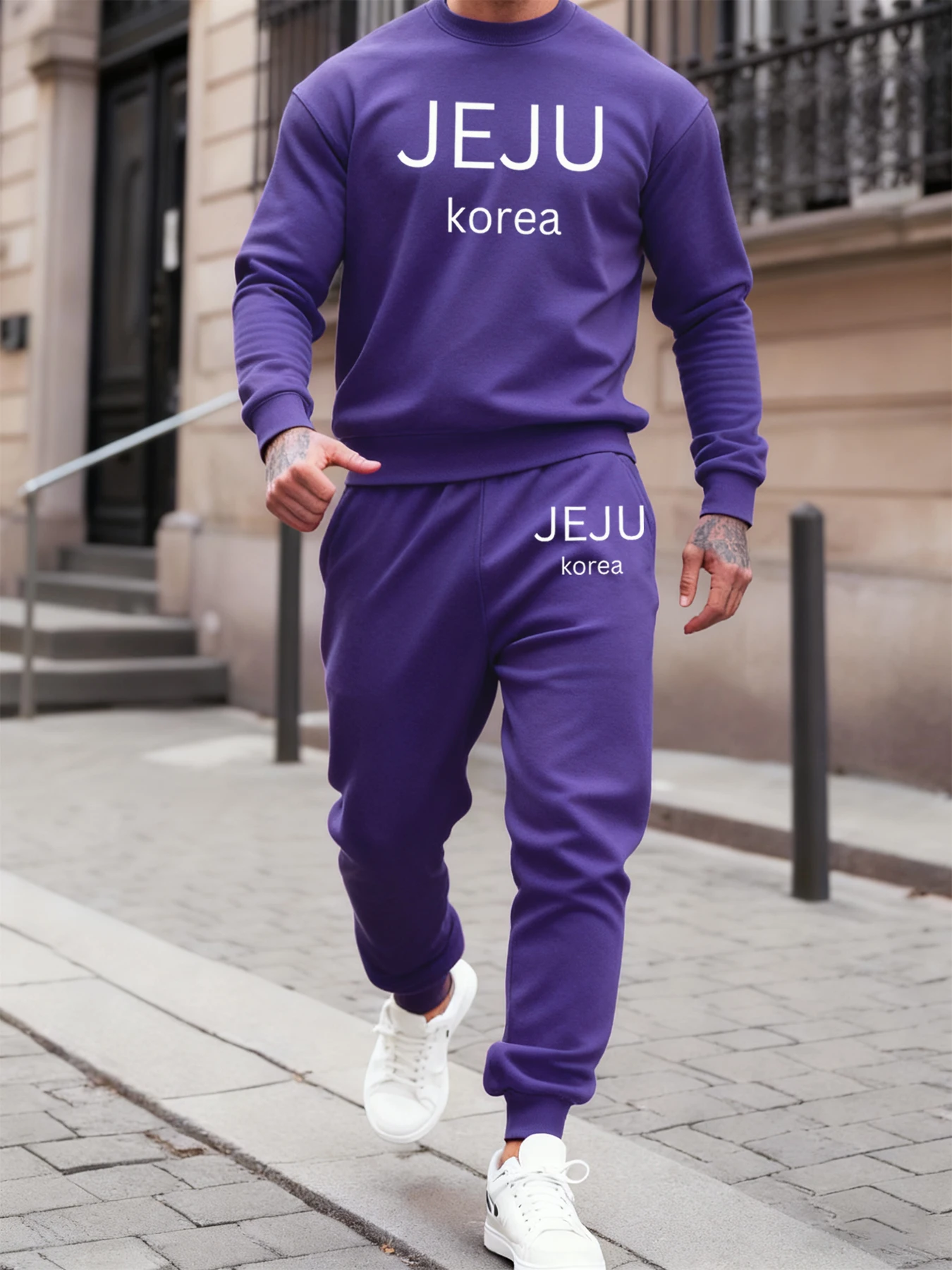 Фото Jeju Корея с буквенным принтом, осенне-зимняя мужская толстовка, комплекты спортивных штанов, удобные удобные брюки, повседневная повседневная толстовка с капюшоном, флисовая одежда №1