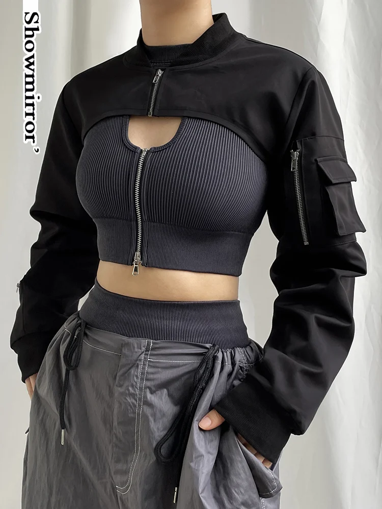 Суперкороткая Черная куртка Showmirror, укороченная футболка на молнии с длинным рукавом в стиле Харадзюку, Готическая Techwear, модная Корейская футболка в стиле панк, уличная одежда