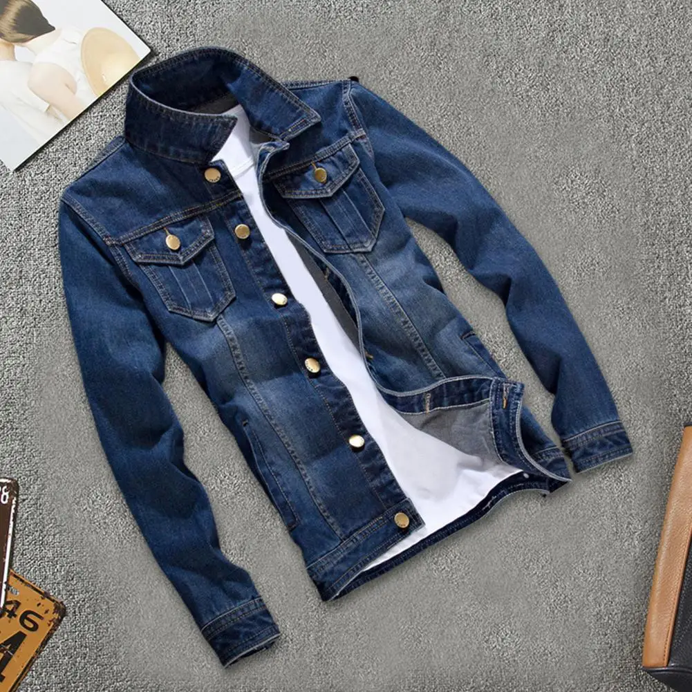

Men Jeans Jacket Pockets Washed Dressing Slim Fit Buttons Denim Coat Men Denim Jacket for School