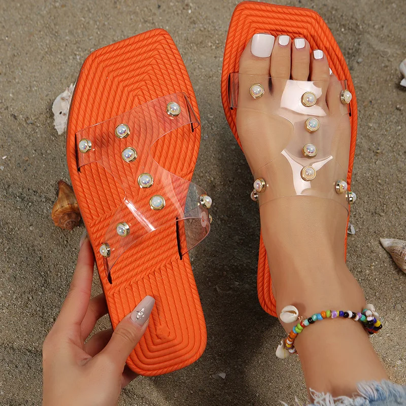 

Женские шлепанцы с жемчужинами, модные пляжные сандалии с квадратным носком и плоской подошвой, в европейском и американском стиле, 2023