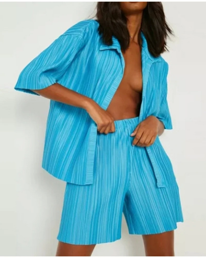 

Женский плиссированный комплект из 2 предметов WOYWOY, рубашка с длинными рукавами и отложным воротником и шорты с короткими рукавами, женская ...