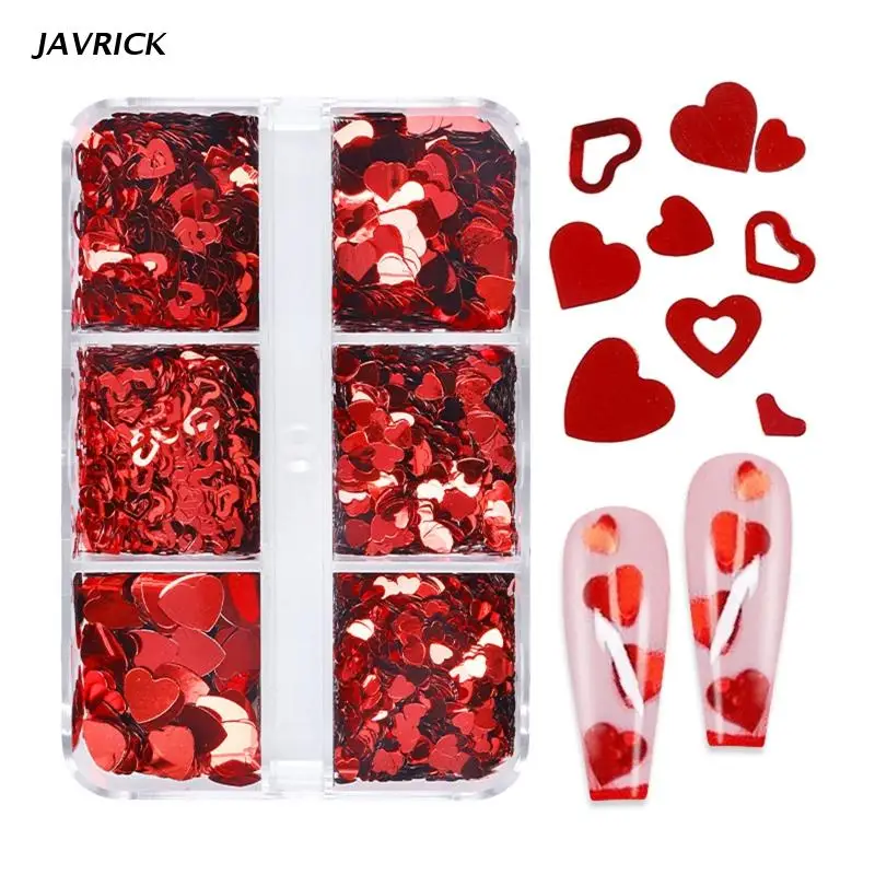 

Small 6 Grids Boxed Valentine's Day Series Big Red Love Heart Hollow Heart Shaped Nail Sequin Decorations Glitter Flakes