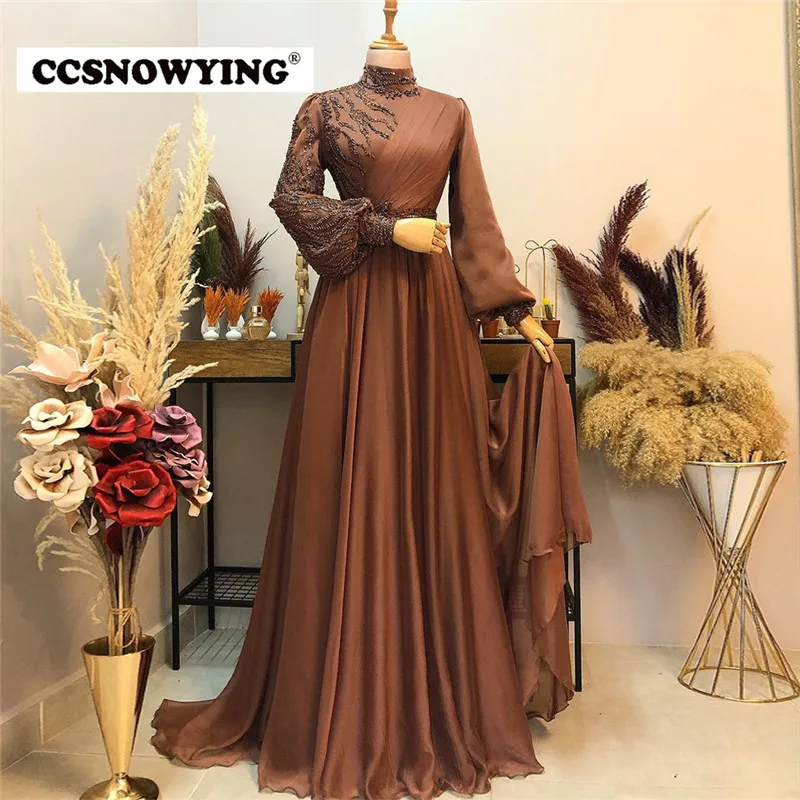 

Chiffon Appliques Long Sleeve Muslim Evening Dress Arabic Dubai High Neck Prom Formal Party Gown Moroccan Caftan Robe De Soiree
