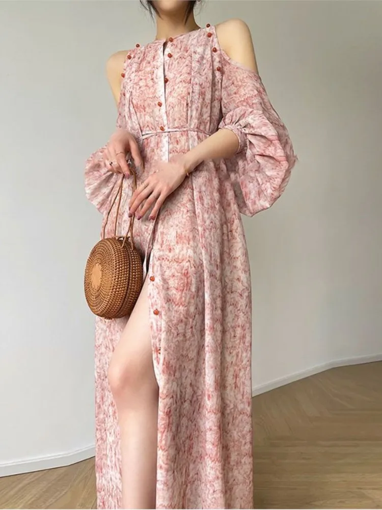 

Французские элегантные платья для женщин 2023 тренд Лето Новый чернильный принт с открытыми плечами длинный рукав Миди платье для отдыха на п...