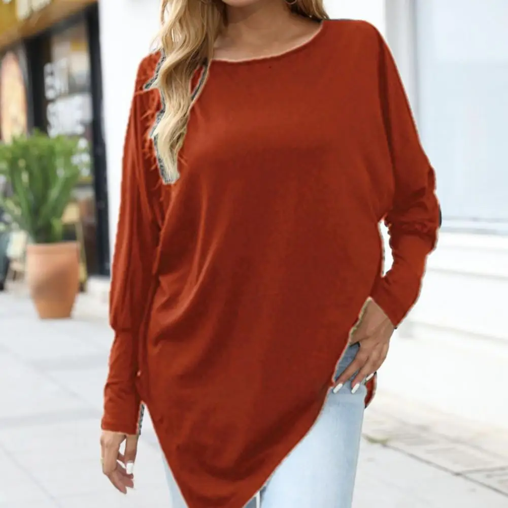 

Mid-length Tops Chic Women's Irregular Hem O-neck Long Sleeve T-shirt Loose Fit Mid-length Tops for Casual Streetwear Fashion