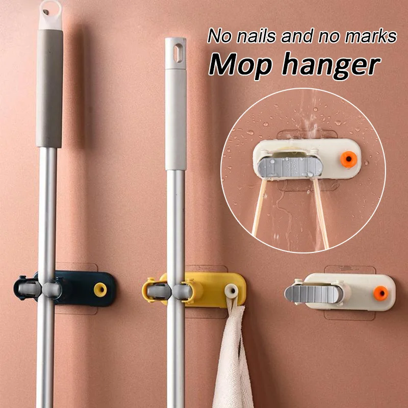 

Mop Holder Wall Mount Self Adhesive No Drilling Mop Hanger Organizer Storage Tool Rack For Home Bathroom Multi-Purpose Hooks