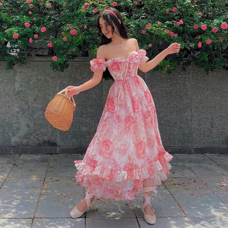 

Women Floral Maxi Dresses French Retro Chiffon Ruffle Fairy Dress Y2K Off Shoulder Sexy Vacation Party Dress Robes Vestidos
