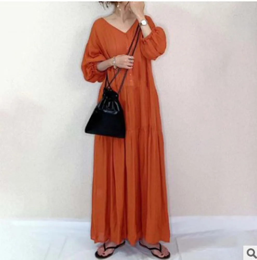 

2022 Summer Women's Dress Casual Loose V-neck Puff Sleeve Button Solid Color Patchwork Korean Ladies Fashion Maxi Dresses New