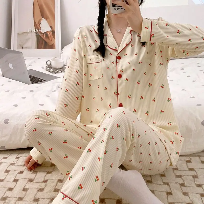 Yasuk Spring Autumn Fashion Women's Casual Soft Milk Silk Sleepwear Homewear Pajamas Set With Pants Dot Print Cherry Cute Girl