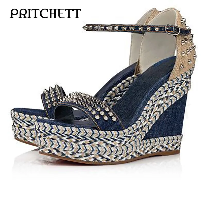 Blue Denim Woven Wedge Sandals Fashion Rivet Strap Open Toe High Heel Sandals Ankle Buckle Fashion Party Shoes for Women