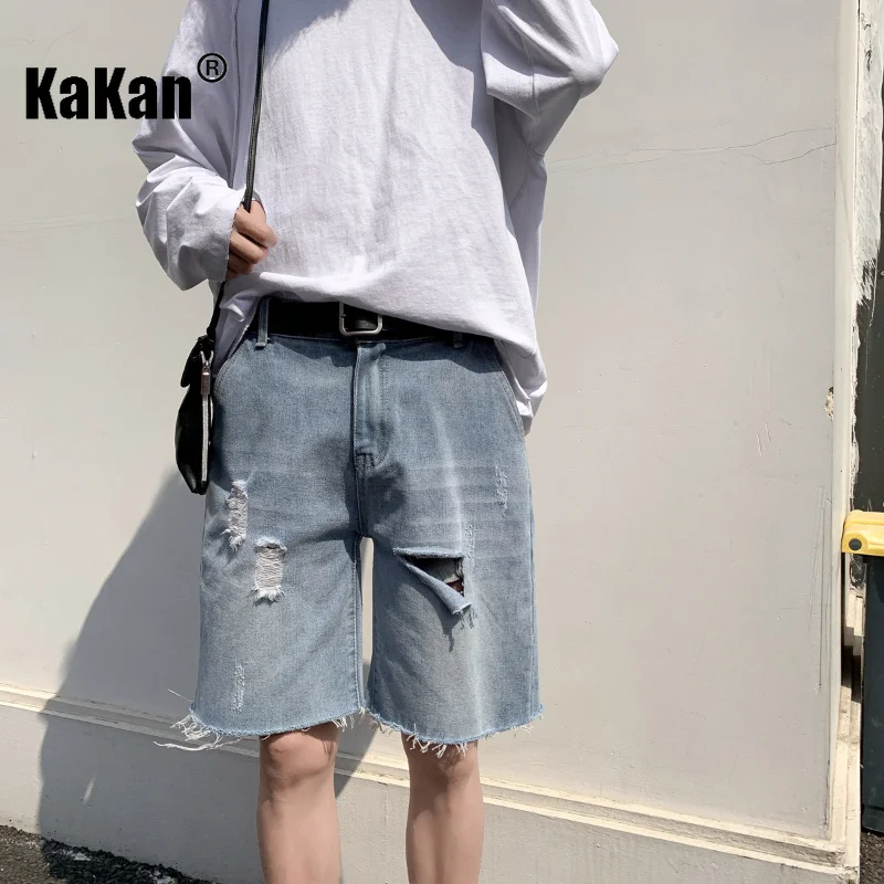 Kakan - New Trendy Brand Distressed Thin Denim Jeans, Summer Men's Casual Straight Leg Pants with A Quarter Length Jeans 29-N605