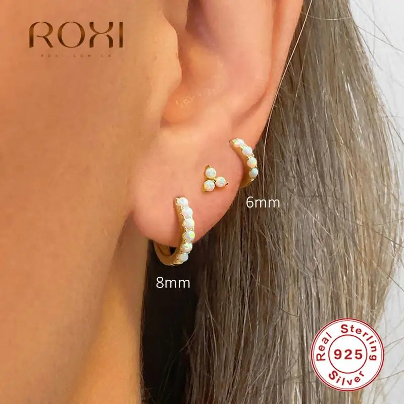 Женские круглые серьги-кольца ROXI из серебра 925 пробы с опалом размером 6/8/10 мм