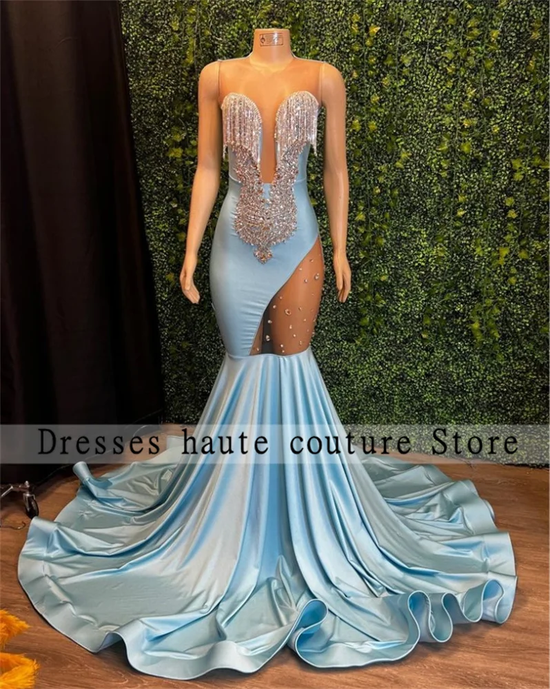 

Sexy Blue Satin Mermaid Prom Dresses 2023 For Black Girls Beaded Tassels Birthday Party Gowns Sheer Neck Evening Dresses
