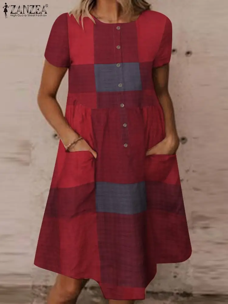 

Vintage O Neck Short Sleeve Beach Sundress ZANZEA Summer Women Bohemian Plaid Printed Dress Robe Femme Loose Pockets Vestidos