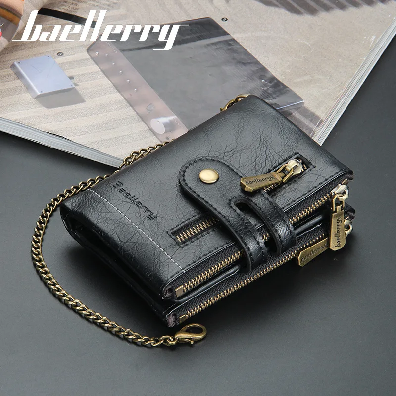 

New Men Wallets PU Leather Short Card Holder Chain Luxury Brand Men's Purse High Quality Classic Retro Male Wallet