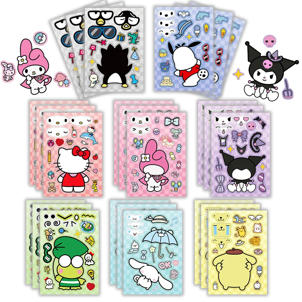 

8 Sheets/Set Kawaii Anime Sanrio Stickers Hello Kitty Kuromi My Melody Puzzle Stickers Make-a-Face Assemble Decal Jigsaw Gift