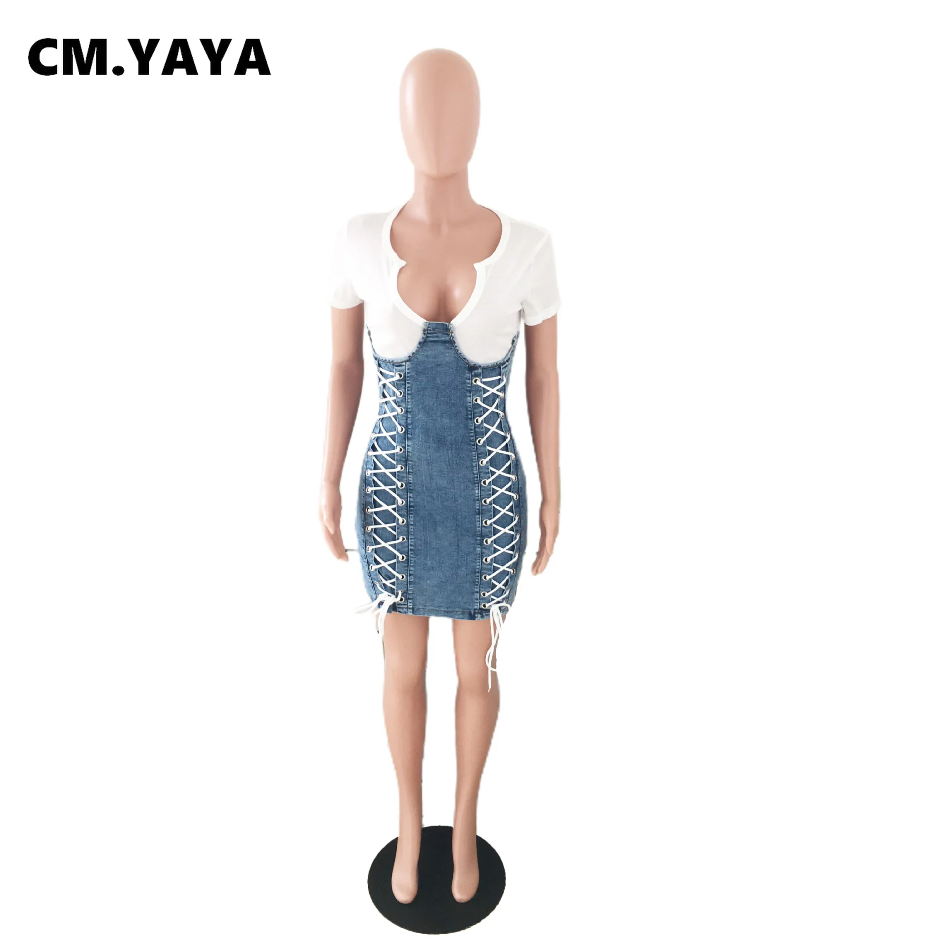 Женское джинсовое мини-платье CM.YAYA эластичное облегающее платье составного кроя