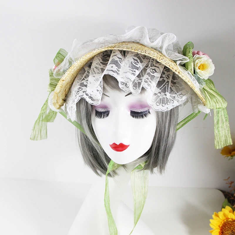 

Handmade Straw Hat Lolita Lace Flower French Hat Bonnet Hat for Daily Wear