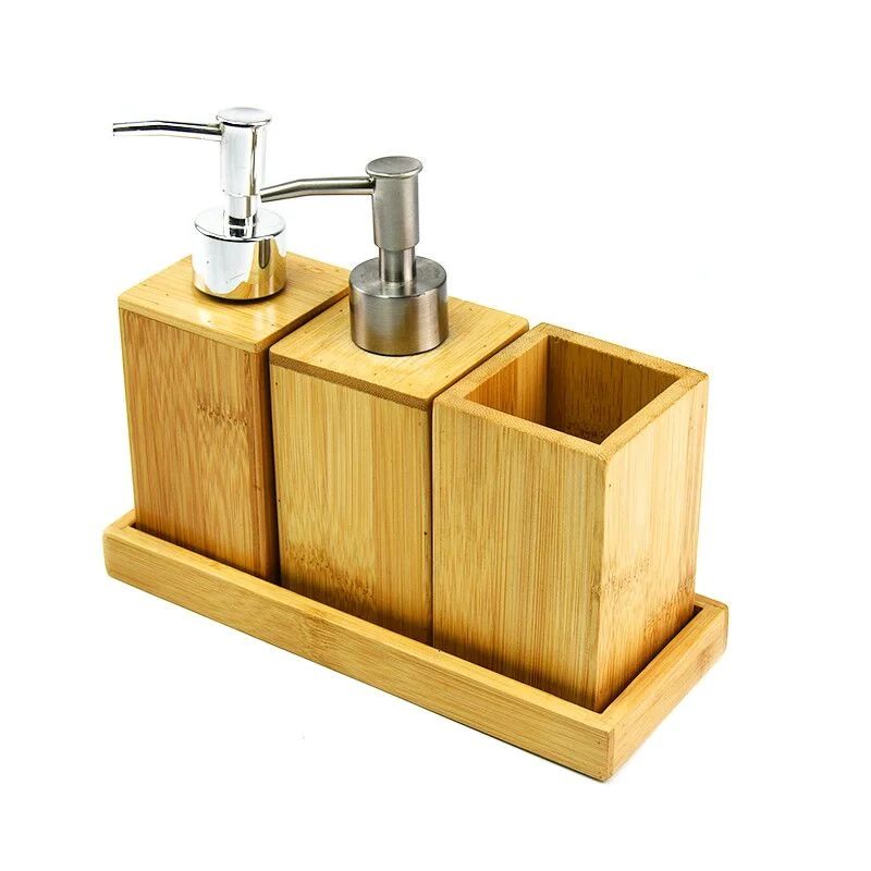 

Bamboo Bathroom Accessory Set In Tray Soap Dispenser Cup Toothbrush Holder
