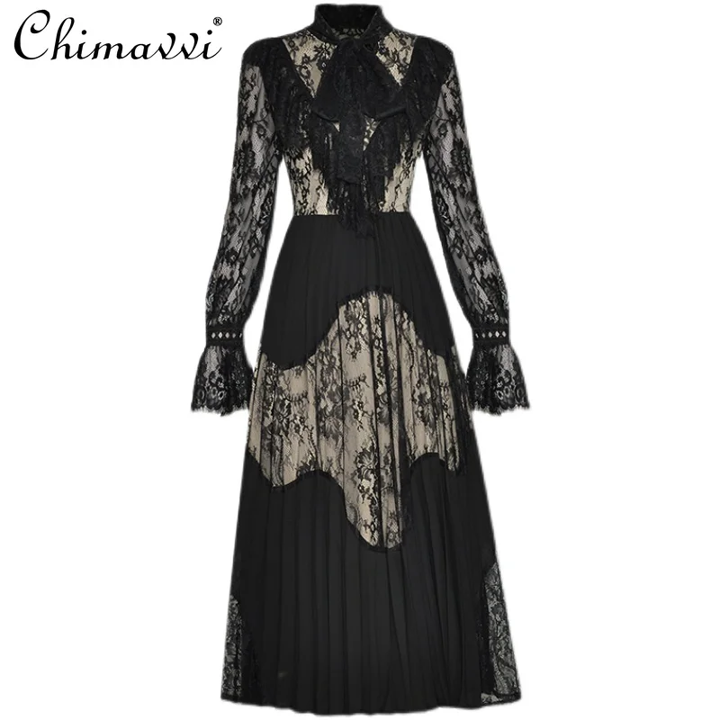 

Fashion Tie-Lead Perspective Long Sleeve Lace Lotus Leaf Dress High Waist Stitching Pleated Puffy Dress Women 2022 Spring New
