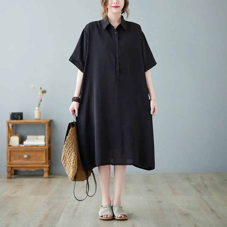 

SuperAen женская одежда 2022 летнее стильное свободное тонкое платье-рубашка однотонное повседневное черное платье большого размера с отложным ...